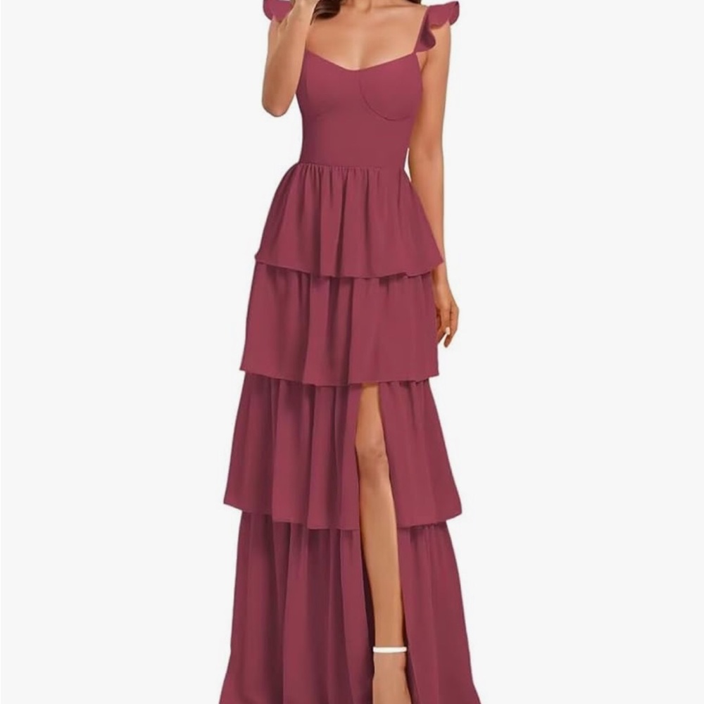 Elegant Burgundy Tiered Evening Gown